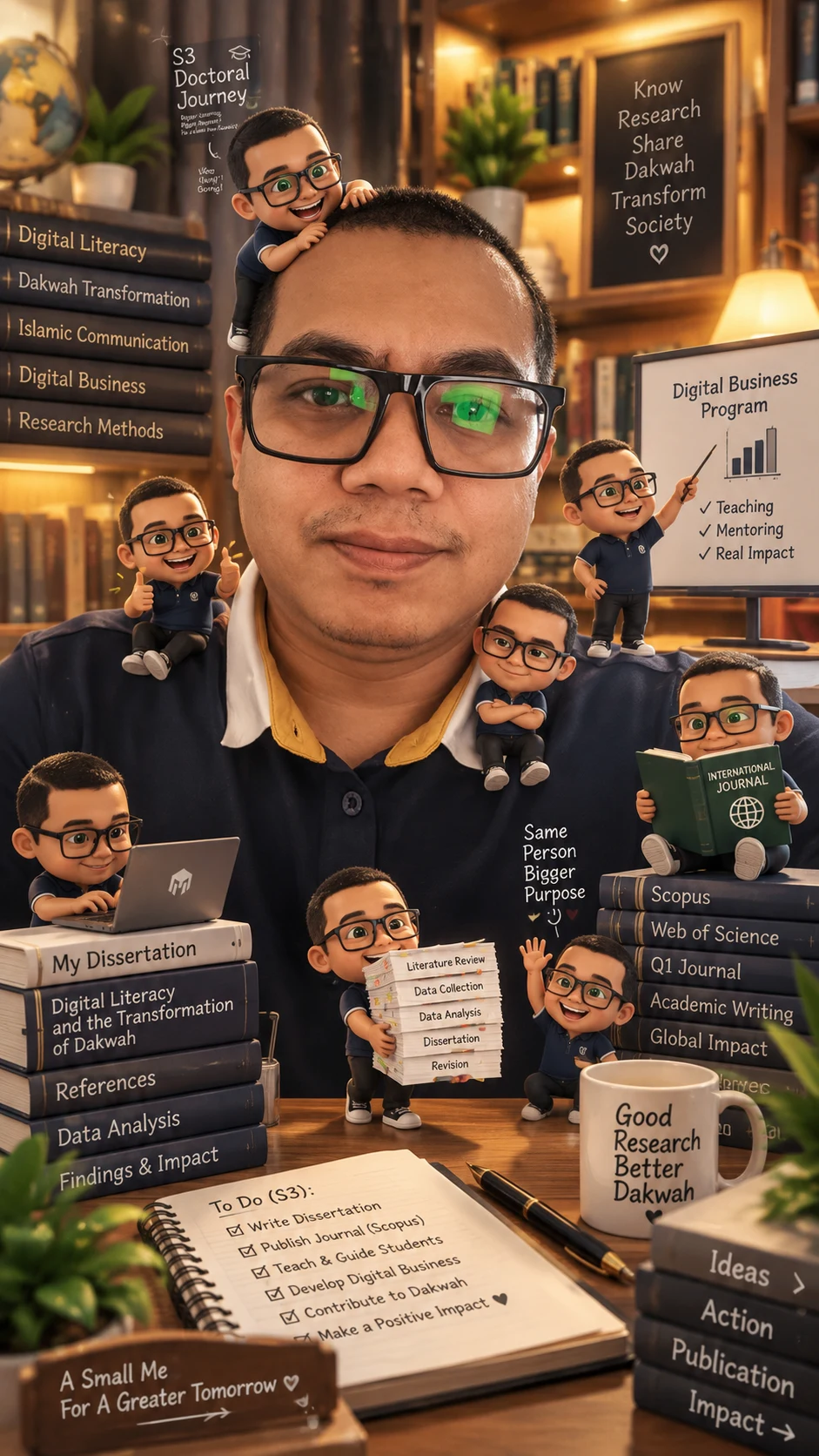 Ilustrasi perjalanan akademik Yusep Saepulloh dengan karakter mini bertema penelitian dan penulisan ilmiah